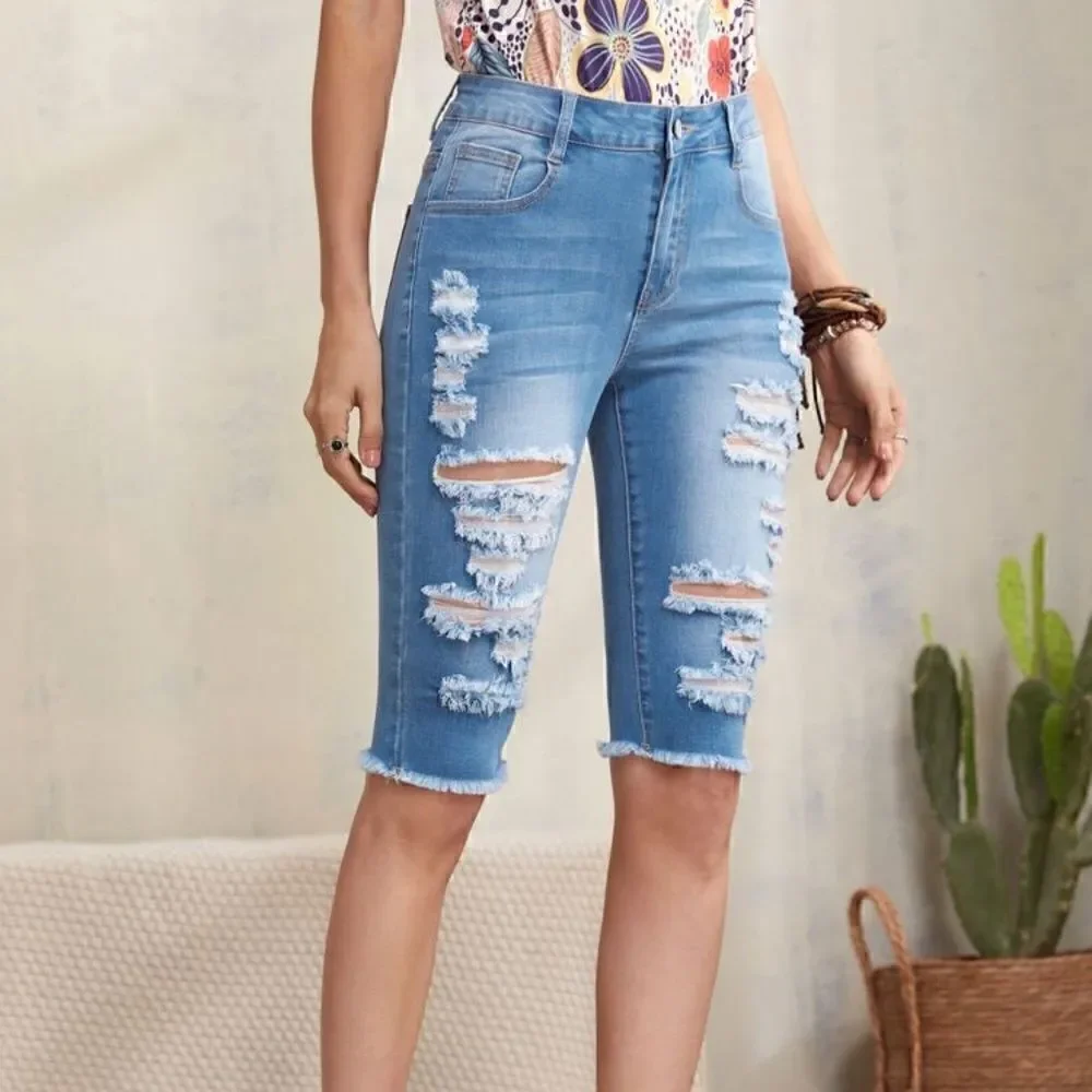 Distressed Thrashed Ripped Raw Hem Denim Long Shorts Shredded Women's Size 4